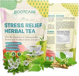 Rootcare Organics Stress Relief Herbal Tea loose leaves | Ashwagandha, Brahmi & 21 Ayurvedic Herbs leaf | Natural Relaxation & Sleep Support | Reduces Anxiety | 100% Organic | Pack Of 1 Month | 100g