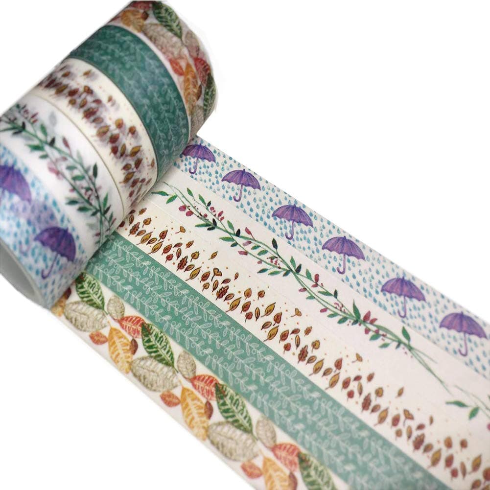 Meiwash Decorative Washi Tape Set Adhesive Multi-Pattern Washi Masking Tape Scrapbooking and Bullet Journaling Tape Decoration for DIY Gifts Arts and Crafts (Umbrella & Leaves,Pack of 5)