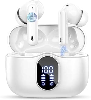 Wireless Earbuds, Bluetooth 5.4 Headphones In Ear with 4 ENC Mic, 2025 Wireless Earphones Noise Cancelling Deep Bass, LED Display, Bluetooth Earbuds 36H Playtime, IP7 Waterproof Ear buds, USB-C White