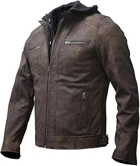 Artistry Mens Genuine Lambskin Leather Motorcycle Jacket with Removable Hood in Black Brown