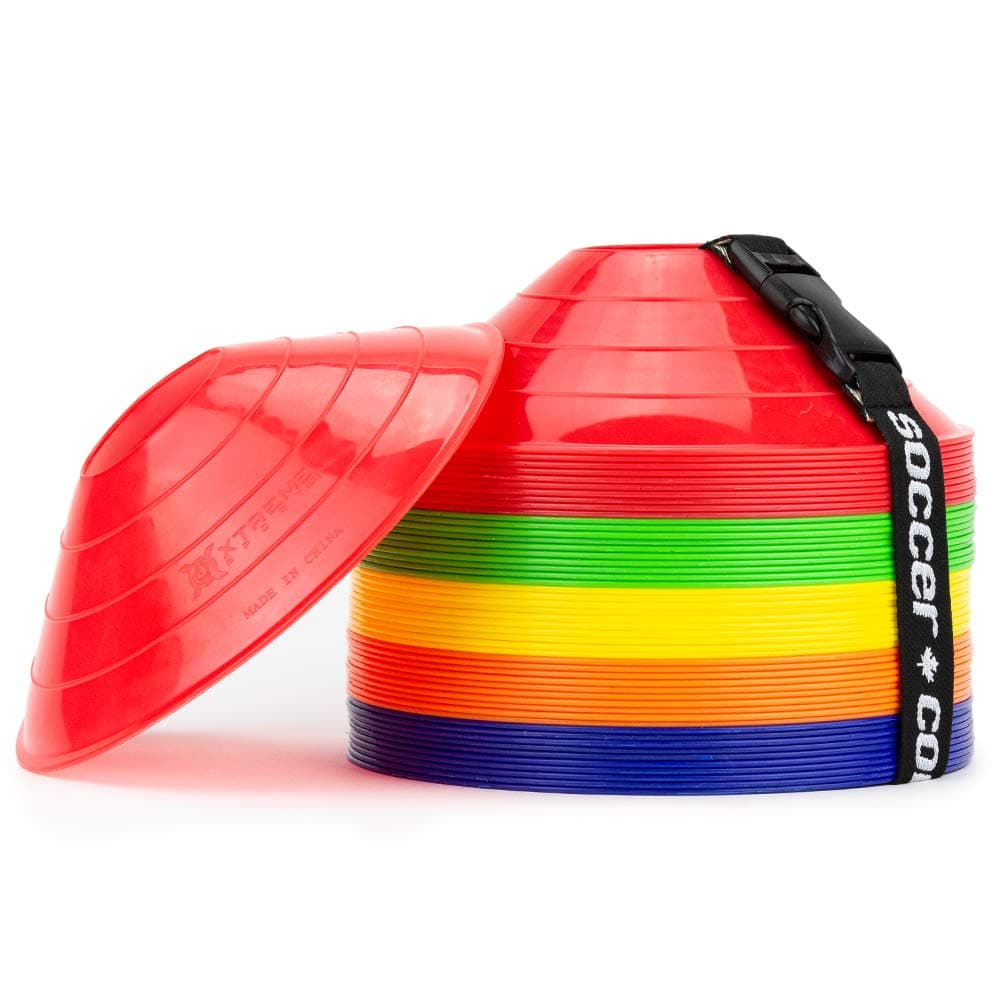 Premium Soccer/Football Agility Cones - 50-Pack, Easy-Stack, Multi-Colored Disc Cone Ideal for Speed Training, Kids, Coaches and All Sports. Convenient Carry Strap Included.