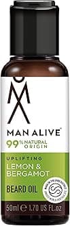 Man Alive 99% Natural Skincare Beard Oil - Oatmeal & Nut Oil Blend, Softens Facial Hair, 50ml (Lemon & Bergamot) for Men