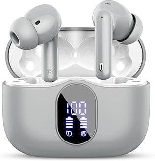 Wireless Earbuds, Bluetooth 5.3 Headphones In Ear with 4 ENC Noise Cancelling Mic, Bluetooth Earbuds Mini Deep Bass Stereo Sound, 36H Playtime LED Display Wireless Earphones IP7 Waterproof, Grey