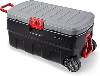 ActionPacker 35 Gallon, Made in USA, Lockable Plastic Storage Bin with Lid and Wheels- Outdoor, Industrial, Rugged, Camping Gear and Truck Bed Storage - Gray and Black