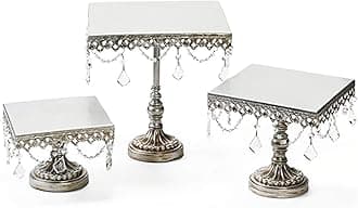 Opulent Treasures Antique Silver Cake Stand, Set of 3, Square Serving Plates, Metal, Chandelier Accents, Cupcake Wedding Dessert Display