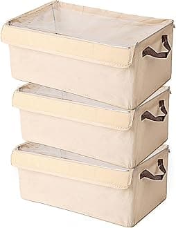 House of Quirk Durable Linen Closet Organizers and Foldable Flip Storage Baskets, Rectangle Storage Boxes for Pants, Jeans, Shirt, Sweaters,Socks (Pack 3, Beige)
