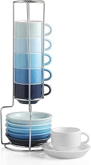 Porcelain Espresso Cup & Saucer Set, Stackable Demitasse Cups with Metal Stand, 2.5 OZ for Latte,Coffee,Cafe Mocha,Tea, Set of 6(Blue)