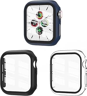 EWUONU 3 Pack Case Compatible with Apple Watch SE 3 Series 6/5/4 44mm with Tempered Glass Screen Protector, Hard PC Full Coverage Ultra-Thin HD Bumper Protective Cover for iWatch 44mm,Black/Blue/Clear