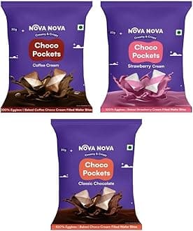 Nova Nova Choco Pockets | Assorted Chocolate, Strawberry & Coffee Cream Filled Wafers | 100% Eggless (90g)
