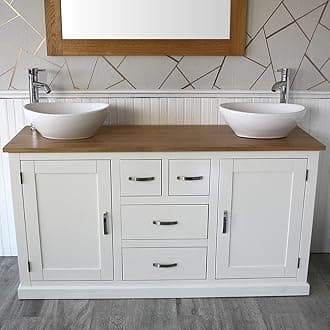 Wooden Bathroom Vanity Unit with 2 Ceramic Basins - Modern Bathroom Sink Cabinet with Drawers - Double Vanity Unit with Chromed Mixer Taps - White Painted - Oval Bowl (603PCB027X2)