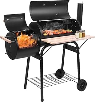 44.1'' Charcoal Grill with Offset Smoker, Portable BBQ Grill with Built-in Thermometer, Adjustable Damper, Wooden Shelf, Easy to Clean for Camping, Backyard, BBQ
