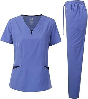Dagacci Medical Uniform Women's Scrubs Set 4-Way Stretch Split Contrast Net and Pocket, 4-way Stretch - Ceil Blue, M
