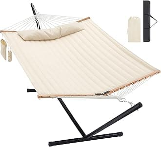 Homgava Two Person Hammock with Stand for Outside Heavy Duty, Outdoor Patio Hammock with Portable Steel Stand, Large Double Hammocks,480lbs Capacity.(Off White)