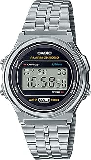 A171WE-1A Standard Vintage Watch, Unisex, Classic, Quartz, Digital, Metal, Silver, Black, Bracelet Type