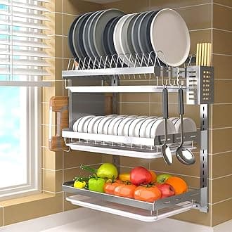 Kitchen Wall-mounted Stainless Steel Dish Rack Drain Rack With Drain Pan Perforated Installation - 2 Layers / 3 Layers. (Size : 3 layers-High21.9in)