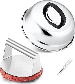 9In Melting Dome & 5.5In Burger Press, HaSteeL Stainless Steel Small Basting Cover with Round Bacon Press, Metal Griddle Accessories Set for Flat Top Teppanyaki Hibachi Grilling Cooking Steaming BBQ
