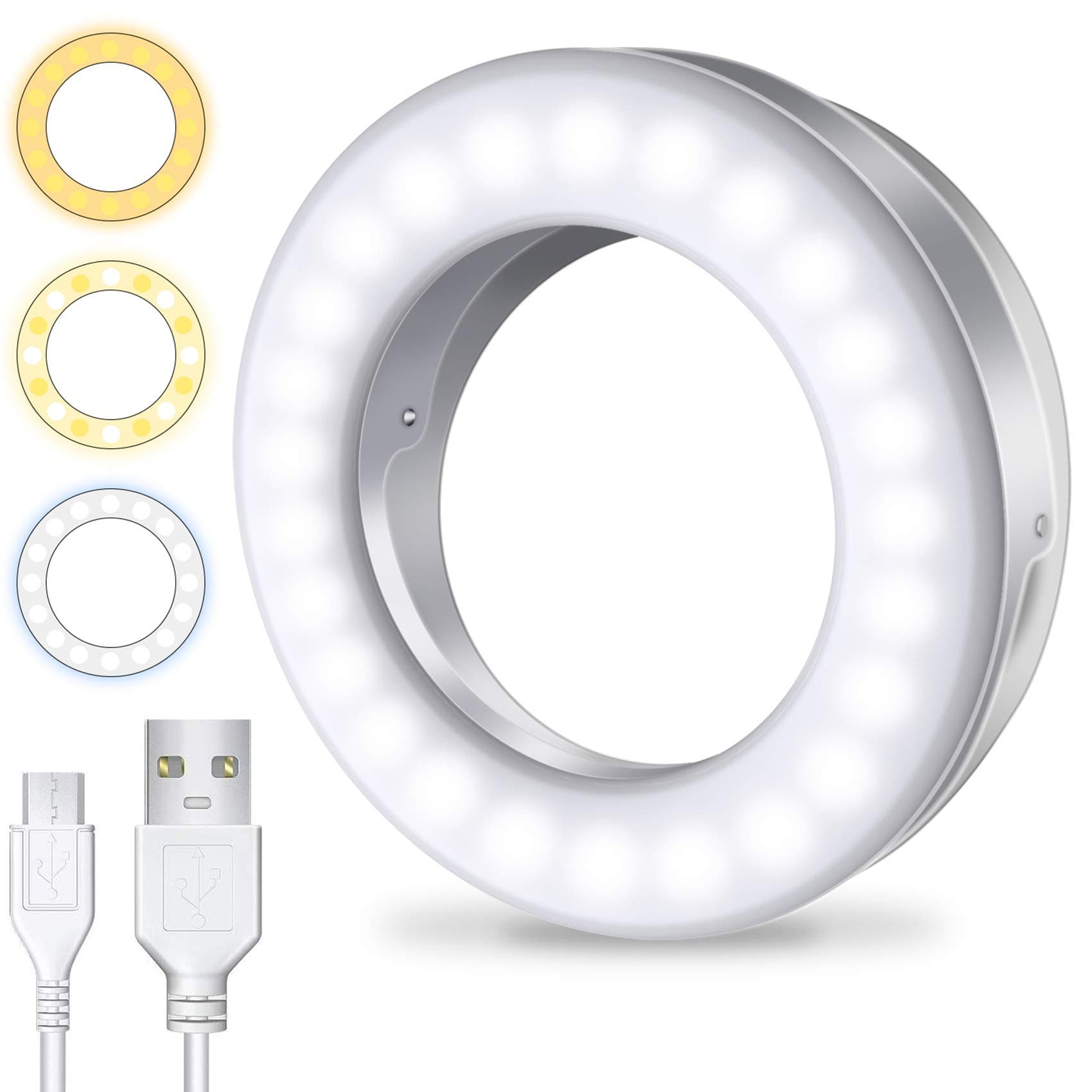 Meifigno Selfie Ring Light [3 Light Modes] [Rechargeable], Clip on Phone Camera LED Light, Adjustable Brightness Selfie Circle Light Designed for iPhone 15 14 13 12 11 8 Plus Pro Max Android iPad Lapt