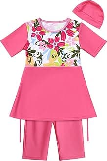 IMEKIS Girls Modest Muslim Swimwear UPF 50+ UV Islamic Hijab Swimsuit Long Sleeve Top Shirt with Short Pants Swim Cap 3pcs Bathing Suit Beachwear