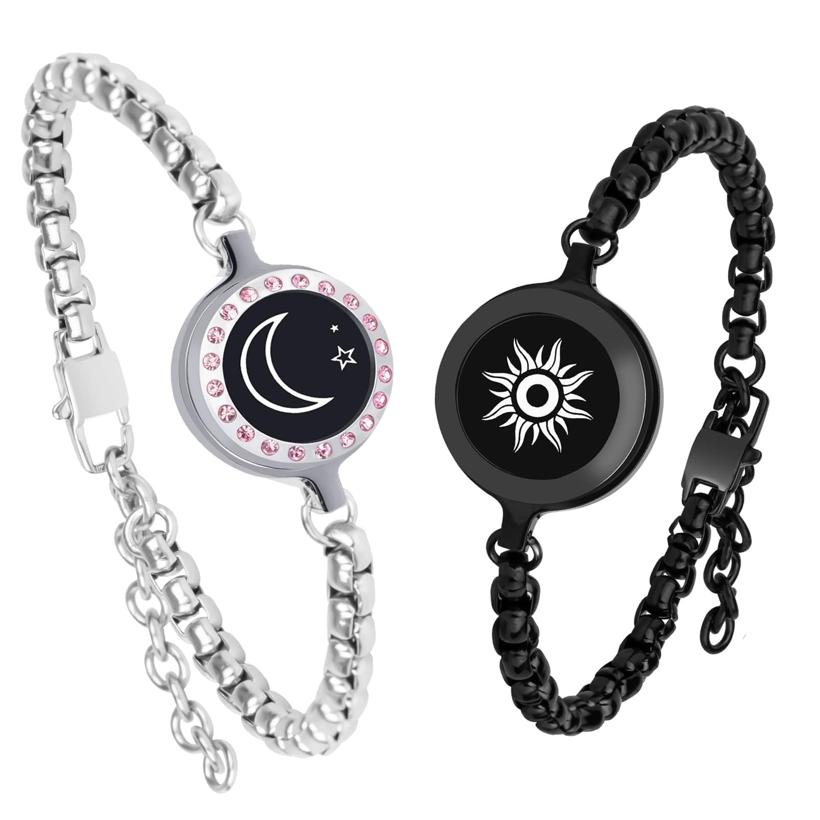 Long Long Distance Touch Bracelets,Vibration & Light up Couples Bracelets, Remote Smart Matching Couples Black silver Bracelet for Couples Long Distance Relationship Girlfriend Boyfriend Xmas Gifts