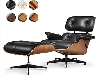 Top Black Grain Leather, Mid Century Chaise Lounge Chair and Ottoman, Modern Chair Classic Design, Heavy Duty Base Support for Living Room Study Lounge Office, Walnut