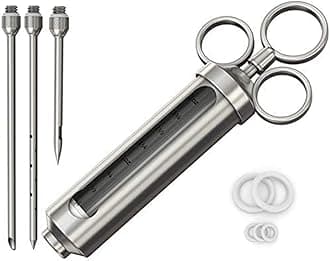 Meat Injector - 304 Stainless Steel 2.3-oz BBQ Injection Kit Marinade Seasoning Window for Cooking Grill Smoker Barbecue - Syringe Injects Cajun Flavor in Chicken Turkey Beef - 3 Professional Needles