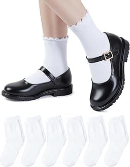 - 6 Pairs Girls White Ruffle Socks School Uniform Dress Socks for Kids Seamless Crew Ankle Cotton Size 2-14 Years
