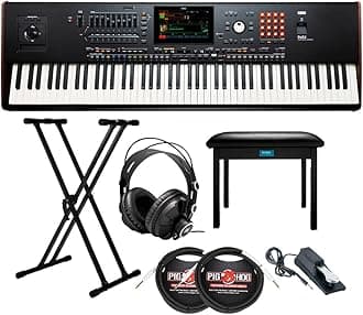 Korg 88-Key Pa5X Professional Arranger Bundle with Adjustable Keyboard Stand, Flip-Top Bench, Closed-Back Headphones, Sustain Pedal, and 1/4 Inch TS Cables (7 Items)