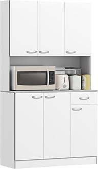 71" Kitchen Pantry Cabinet, Tall Storage Cabinet with Microwave Stand, Buffet with Hutch, 6 Doors, Storage Drawer, 3 Adjustable Shelves for Living Room, Dining Room, White