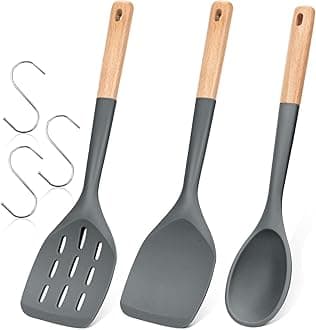 Pack of 3 Silicone Spatula, Non Stick Cooking Utensil Set, Wooden Handle Kitchen Turner for Baking Mixing Grilling Serving Food Heat Resistant, Grey
