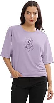 HELLCAT Beige Printed Loose Fit Crew-Neck Crop T-Shirt for Women