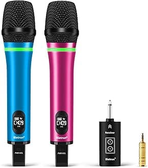 Bietrun Rechargeable Wireless Microphone, Dual Metal Cordless Handheld Dynamic Wireless Mics with Bluetooth, UHF 240FT Range, for 1/4'',1/8''Output,PA System,Dj,Mixer,Church(Blue＆Pink)