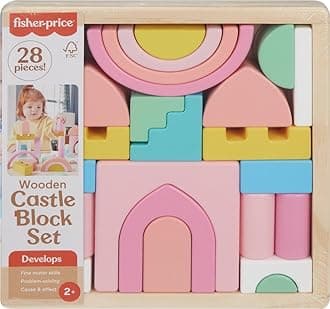 Wood Toddler Toy Castle Block Set, 28 Wooden Pieces for Stacking Developmental Play Preschool Kids Ages 2+ Years