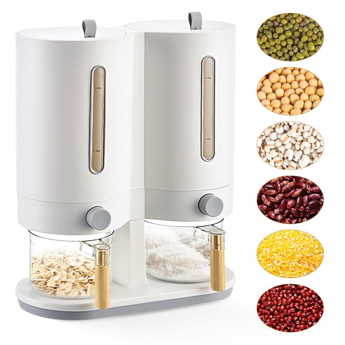Dual Rice Dispenser, Rice Storage Container with 2 Measuring Cup, 2 in 1 Grain Holder Beans Cereal Food Dispensers Countertop with Airtight Lid for Home Kitchen