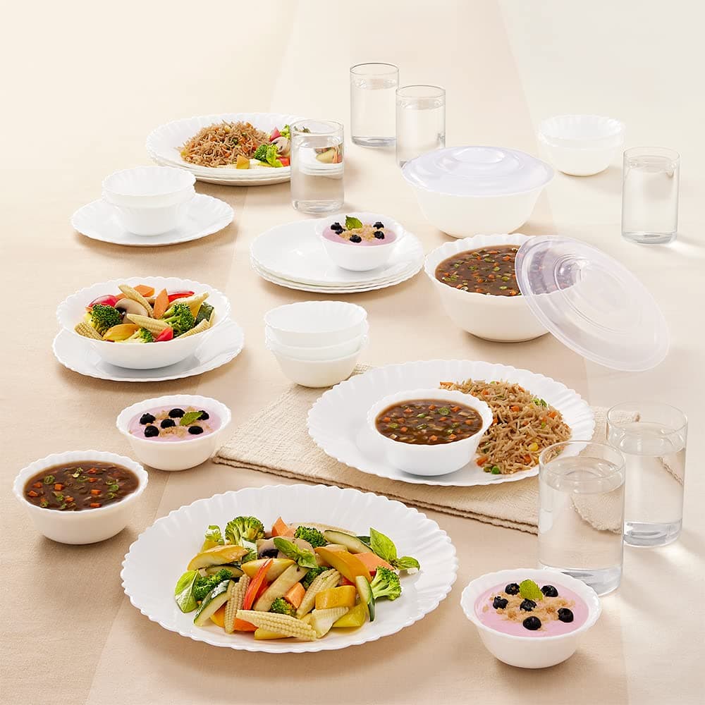 - Brand Logo Silk Series Opalware Dinner Set with Glasses, 35 Pcs for Family of 6, Microwave & Dishwasher Safe, Bone-Ash Free, Crockery Set for Dining & Gifting, Plates & Bowls, White