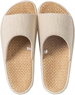 MAGILONA Womens House Slippers Summer Open Toe Tatami Straw Men's Indoor Shoes,Bedroom Linen Lightweight Slip Silent Slippers