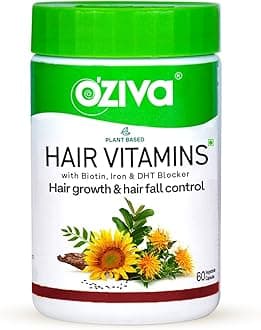 OZiva Hair Vitamin Capsules for Hair Growth & Hair Fall Control,100% Natural with Biotin, Iron, DHT Blocker & Vitamin E,Clinically Proven Hair Growth Supplements for Women & Men,60 capsules