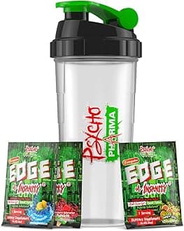 Psycho Pharma Edge of Insanity Pre Workout – Strongest High Stim Powder for Intense Pumps, Strength, Energy & Focus – 3 Sample Flavors + Free Shaker Cup (Jungle Juice, Blue Lemonade, Strawberry)