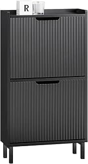 SoBuy Narrow Shoe Rack with 2 Flip Drawers Slim Wooden Shoe Storage Cupboard for Hallway Entrance Foyer or Understairs Black W50 x D19 x H90cm FSR177-SCH