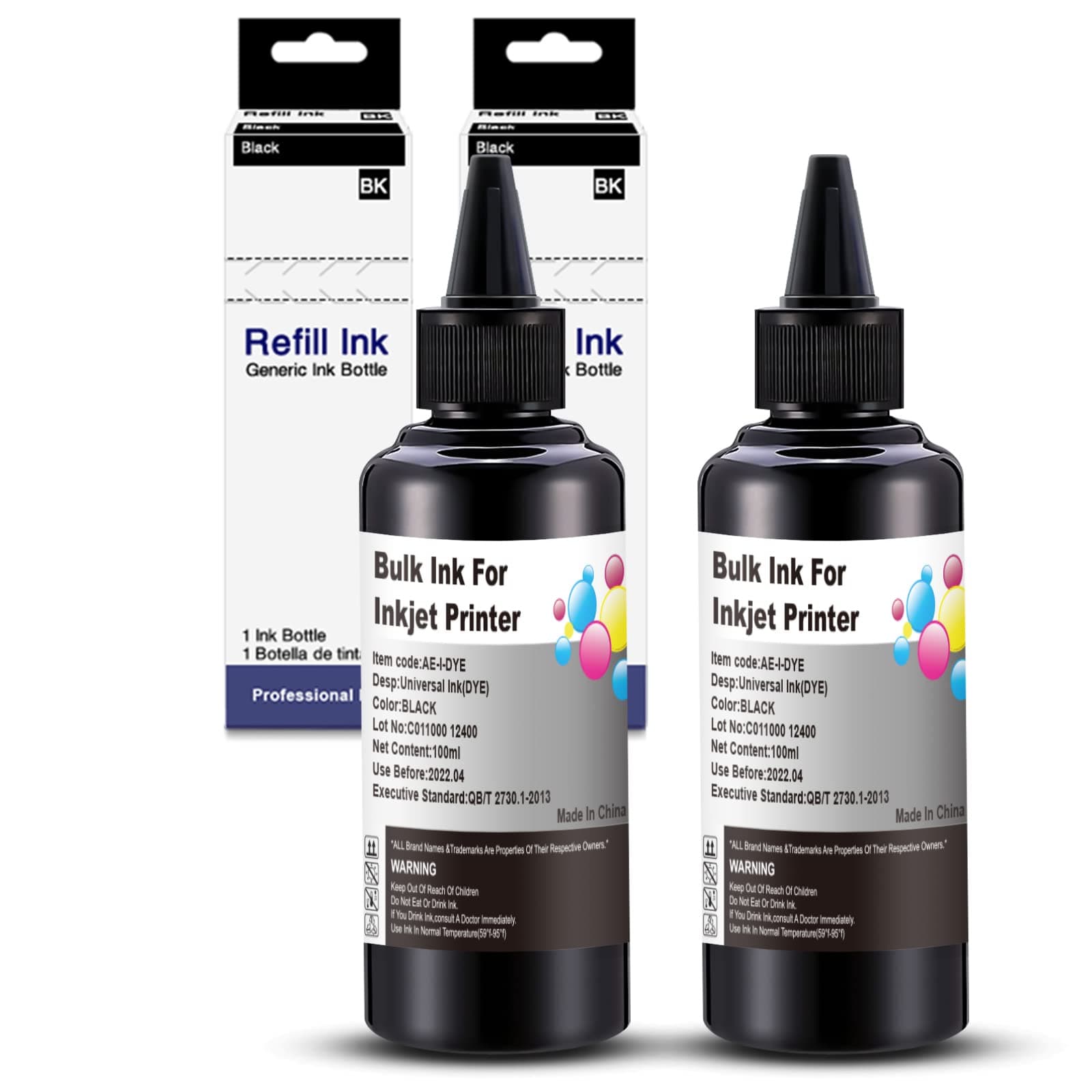 UniPlus Universal Printer Ink Cartridges Refill Ink Replacement for HP Brother Canon Lexmark Ricoh Refillable Ink Cartridges and CISS Black 100mL Dye Ink (Without Syringe), 2 Bottle