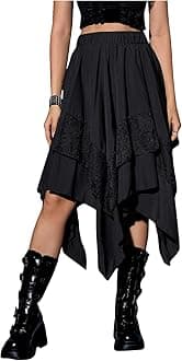 BackangeWomen's Y2K Renaissance Gothic Steampunk Midi Skirt – Flowy A-Line Contrast Lace High-Low Layered Design
