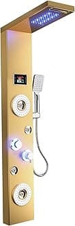 ELLO&ALLO LED Rainfall Waterfall Shower Head Rain Massage System with Body Jets Stainless Steel Bathroom Shower Panel Tower System, Brushed Gold