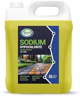 – Sodium Hypochlorite 5 Litre – High Strength (14-15%) Driveway & Patio Cleaner – Concrete, Brick, Slab, UPVC, Roof & Fence Cleaner – Black Spot, Oil Stain & Odour Remover – Bleaching Agent