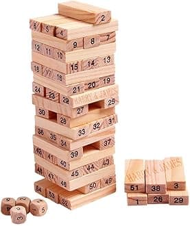 HARRY & JAMES® Wooden Building Blocks Puzzle 54 Pcs Challenging 4pcs Dice Wooden Blocks Stacking Game Maths,Tumbling Tower 54 Pcs with 4 Dices Game for Adults & Kids.