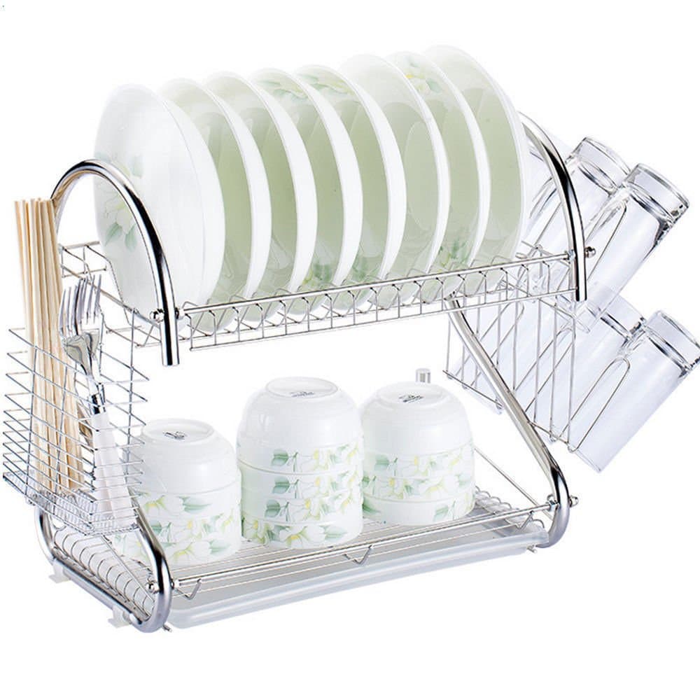 LOVER 2-Tier Chrome Dish drying Rack and DrainBoard, Kitchen Dish Cup Drying Rack Drainer Dryer Tray Cultery Holder Organizer (Cup Style)