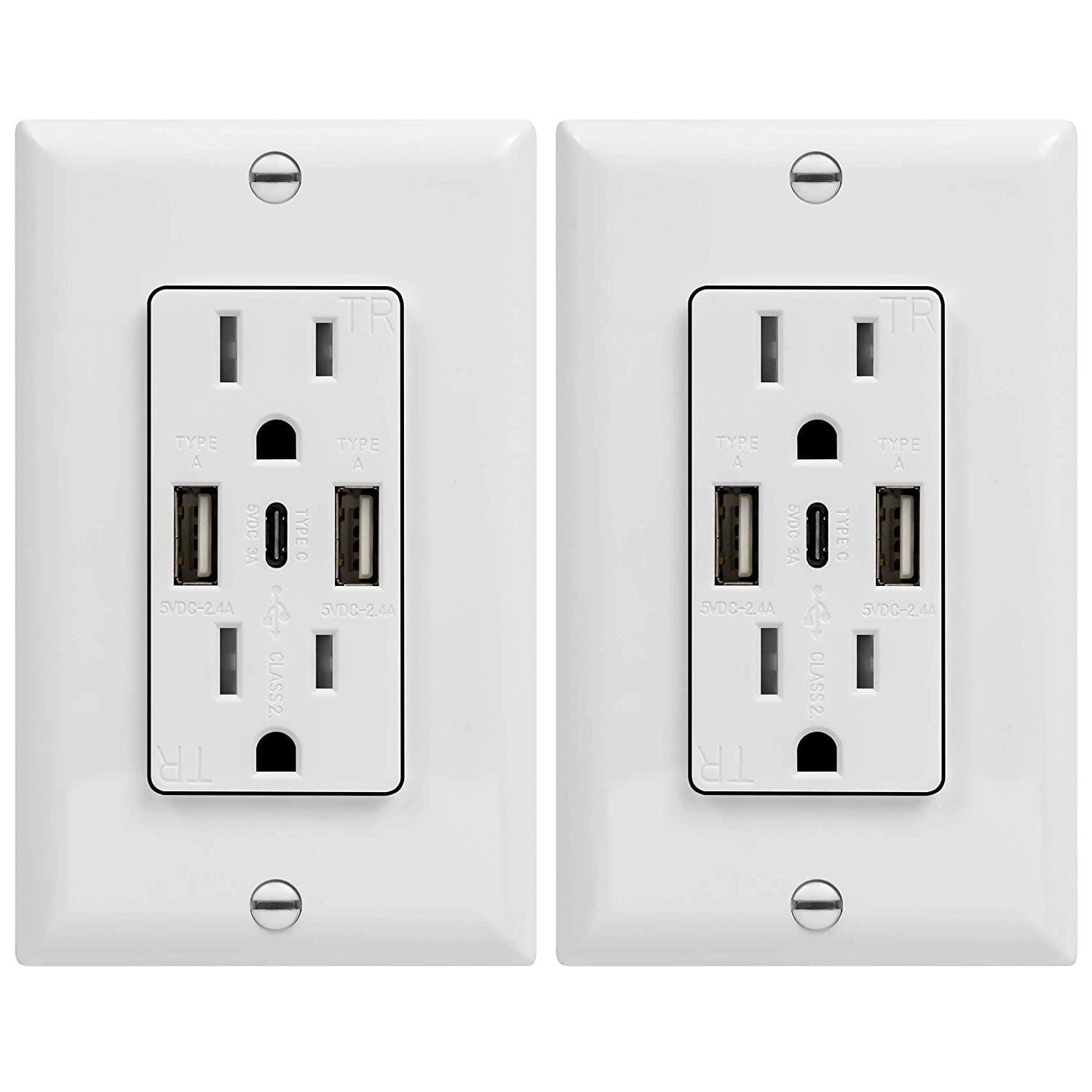 TOPGREENERUSB Outlet, 5.8A 3-Port Type C Wall 15 Amp Tamper-Resistant Receptacle Plug, Compatible with iPhone 15 Series & More, UL Listed, TU21558AC3-2PCS, White, 2 Pack