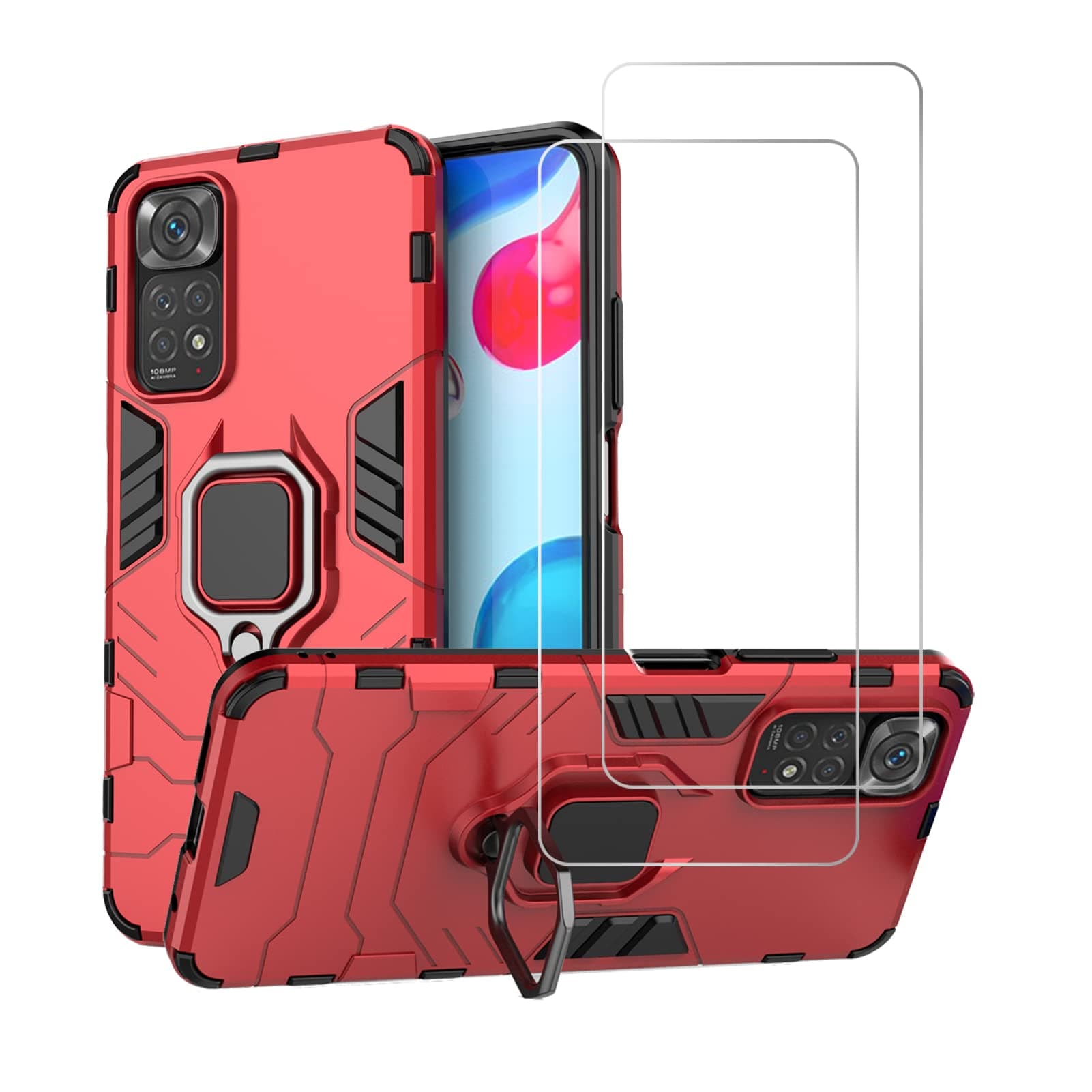 Urspasol for Xiaomi Redmi Note 11 / 11S Case (Not 5G) with Screen Protector Tempered Glass Hybrid Heavy Duty Armor Protective Bumper Phone Cover with 360° Degree Ring Holder Kickstand (Red)