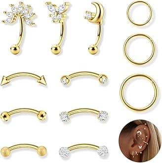 12pcs 16G Rook Piercing Jewelry Eyebrow Rings Stainless Steel Belly Lip Ring Cartilage Hoop Rook Daith Earrings Tragus CZ Body Piercing Curved Barbell