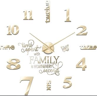 Junkin 3D Large Frameless DIY Wall Clock Modern Decor Family Quote Wall Stickers Clock Kit for Home Living Room Bedroom Office Decorations Adjustable Size(Gold)