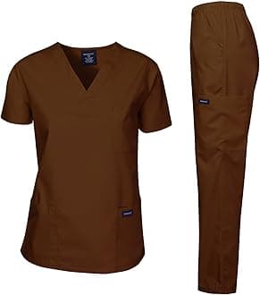 Dagacci Scrubs Medical Uniform Women and Man Scrubs Set Medical Scrubs Top and Pants, Brown, M