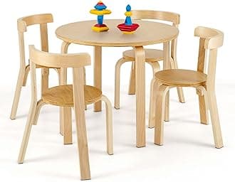 Costzon Kids Table and Chair Set, 5-Piece Wooden Activity Table w/ 4 Chairs, Toy Bricks, Classroom Playroom Daycare Furniture for Playing, Drawing, Reading, Bentwood Toddler Table & Chairs (Natural)